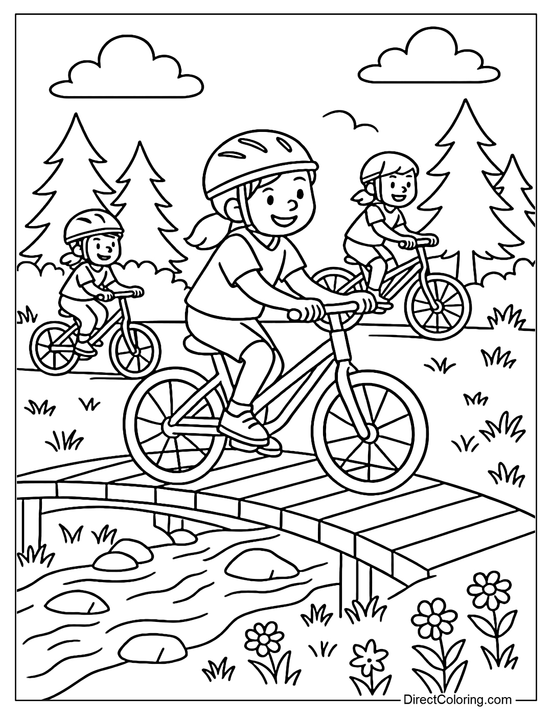 Coloring page of a group of friends cycling across a wooden bridge over a small stream.